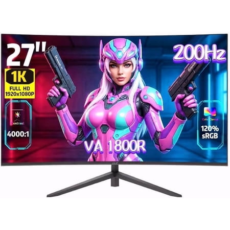 27 Inch Curved Gaming 200Hz 180Hz 165Hz |1msMPRT |FHD 1080P Computer FreeSync|1800R|120% sRGB|HDR|Low Blue Light|HDMI DP Ports|VESA Mount|Metal Stand(No Speaker)