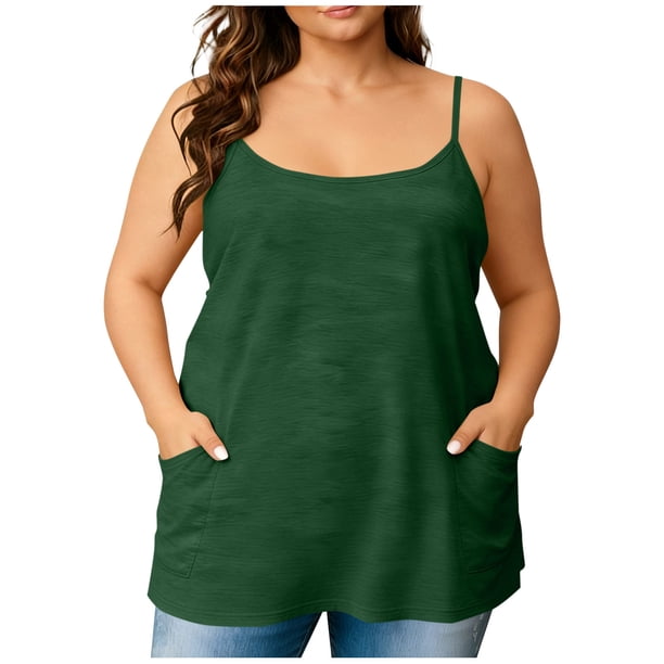 TaTaai Plus Size Summer Tank Tops, Women's Loose Camisole with Pockets, Soft Round Neck Sleeveless Blouse for Casual Wear, Vacation, Dating, Office and Home, All Season Staple Piece Gift