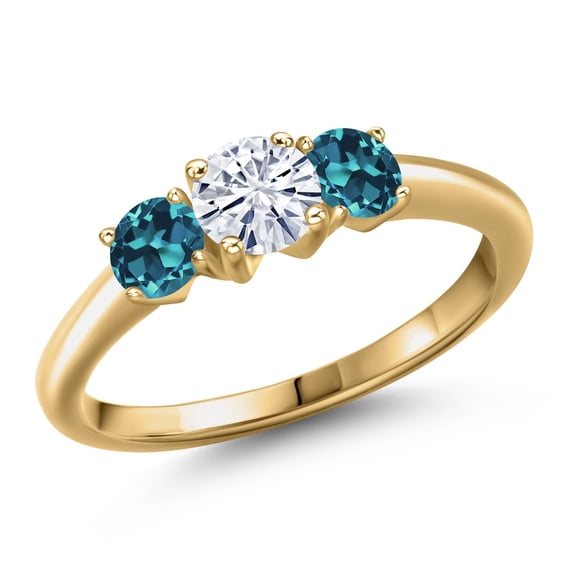 Gem Stone King 18K Yellow Gold Plated Silver White Moissanite and London Blue Topaz Engagement Ring for Women | 1.16 Cttw | Round 5MM | Gemstone Birthstone | Size 9
