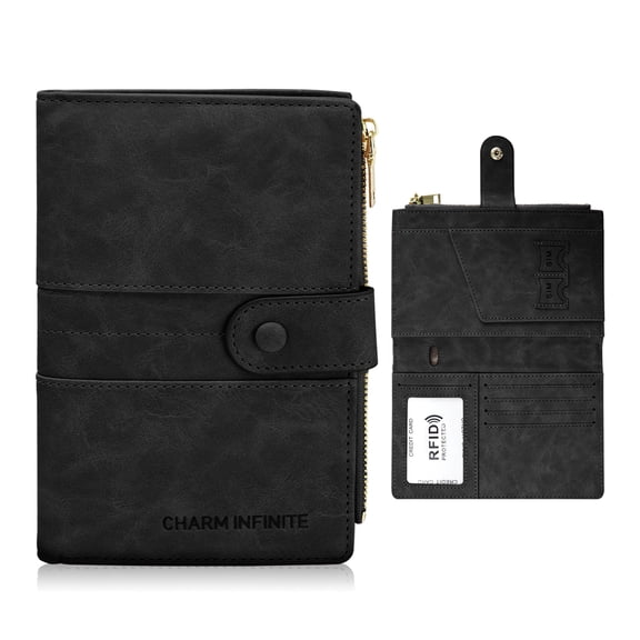 RFID Blocking Passport Holder with Vaccine Card Slot Protector Passport and Vaccine Card Holder Combo Leather Bi-fold Large Capacity Travel Wallet With Zipper Gifts for Women Men(Black)