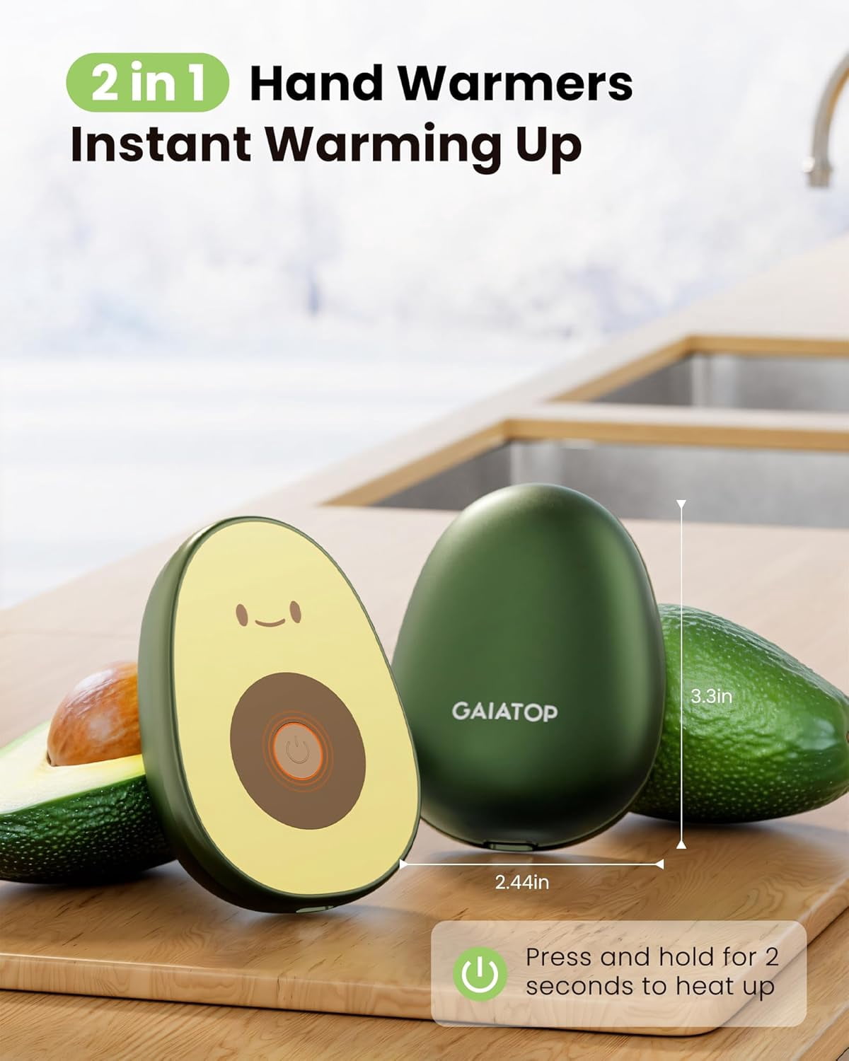 Hand Warmers Rechargeable 2 Pack, Magnetic 3 Settings Fast Heating Avocados Shape, Electric Portable Pocket Heater, Reusable Hot Hands Gifts for Women Men Outdoor Camping Hunting Golf