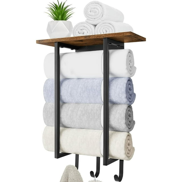 Woeilo Bathroom Wall Mounted Towel Rack, Towel Rack with Wooden Frame and 3 Hooks for Hanging Towels, Hand Towels, Bath Towel Organizer for Small Bathrooms, RVs, Country Brown Country Brown