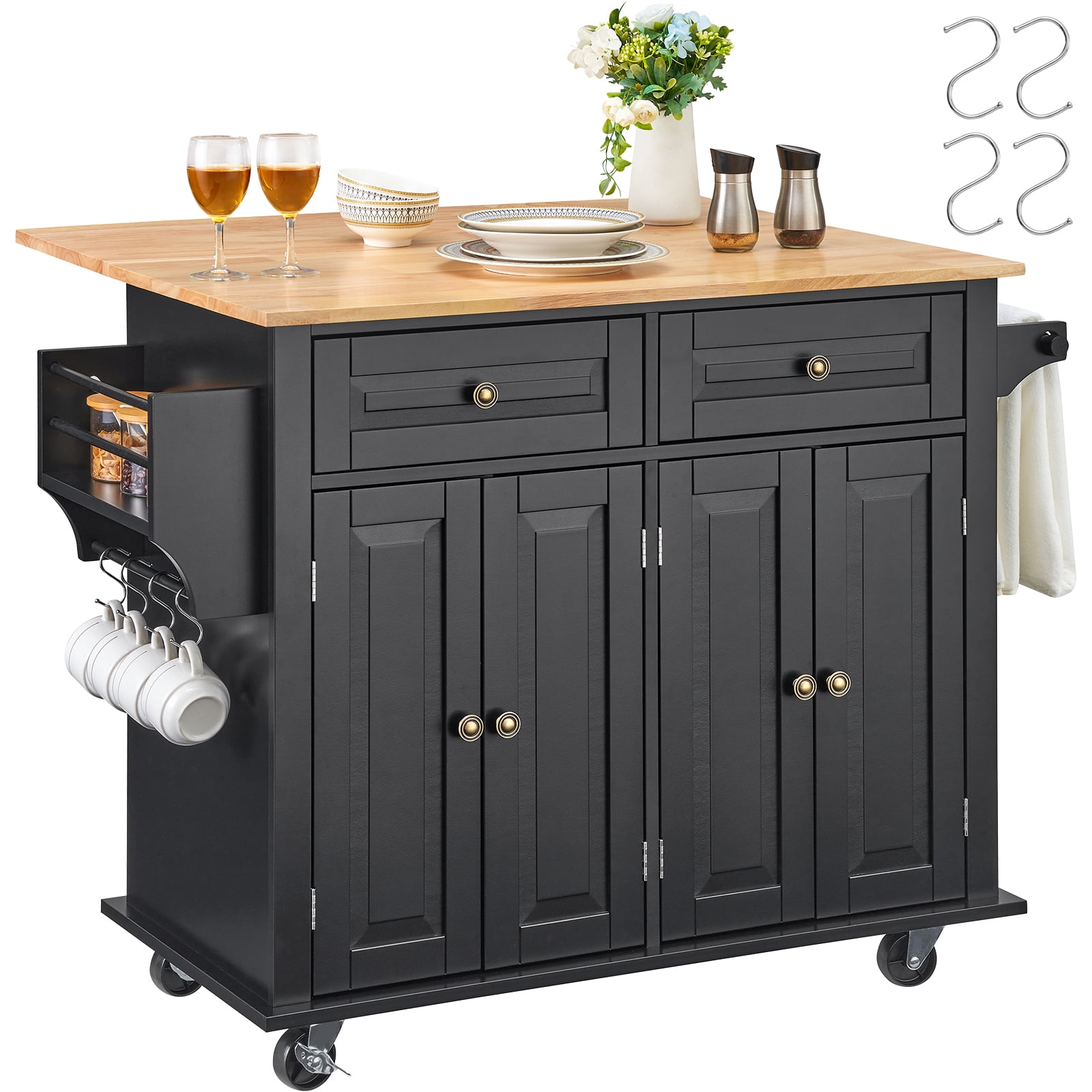 KFFKFF Mobile Kitchen Island, 43" Wooden Surface, Equipped with Cabinet Storage, Extendable Table, Spice Holder, Towel Handle, Single Drawer, and Hooks, Easy-to-Move Casters, in Black