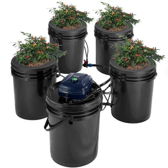 VEVOR RDWC Hydroponics Grow System, Hydroponic Growing Kit with Top Drip, Recirculating Deep Water Culture 4 Buckles and 1 Reservoir, with Air Pump and Water Level Device for Leafy Vegetables