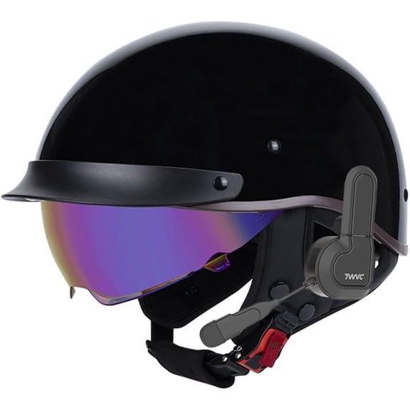 German Style Bluetooth Motorcycle Half Helmet Scooter Open Face DOT Approved Built-in Speaker Headset Microphone Retractable Visor Adjustable Quick Release Buckle
