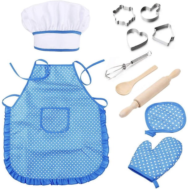 1 Set of Blue Children's Chef Clothes, Apron and Chef Hat, etc. (11 pieces), Children's Kitchen Toy Cooking Set