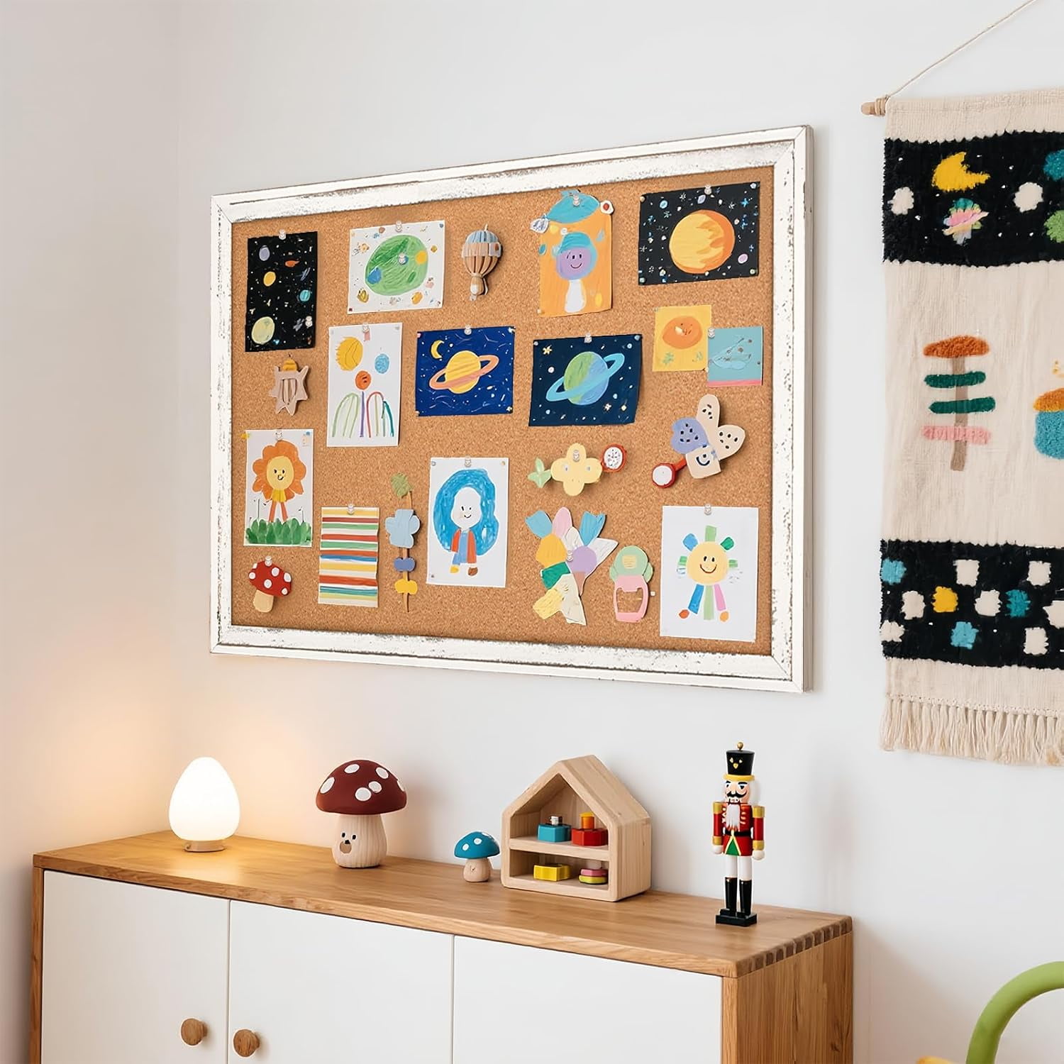 Cork Board Bulletin Board, 36" x 24" Corkboard for Wall, Rustic White Wooden Frame, Hanging Pin Board for Home & Office Decor, 10 Push Pins
