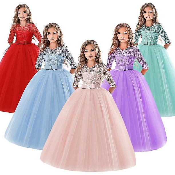 Girls Evening Party Long Lace Dress Kids Biethday Dresses For Girls Children Costume Elegant Princess Short Sleeveless Dress Flower Girls Wedding Dres zhangyuxiang LED