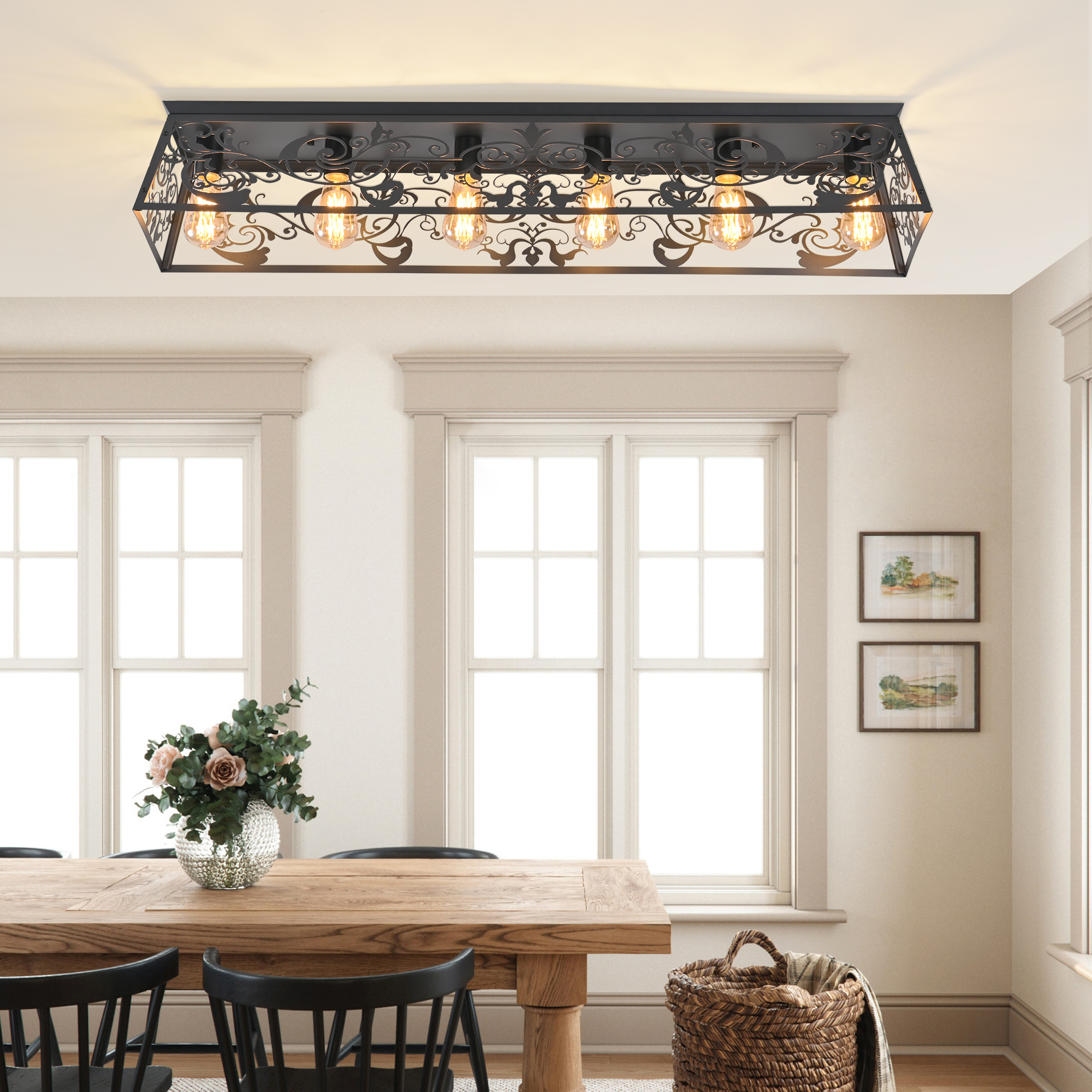 Garwarm 45.27 in. 6-Light Black Flush Mount Ceiling Light, Farmhouse Industrial Metal Shade Ceiling Light Fixture for Kitchen Island Hallway Entryway