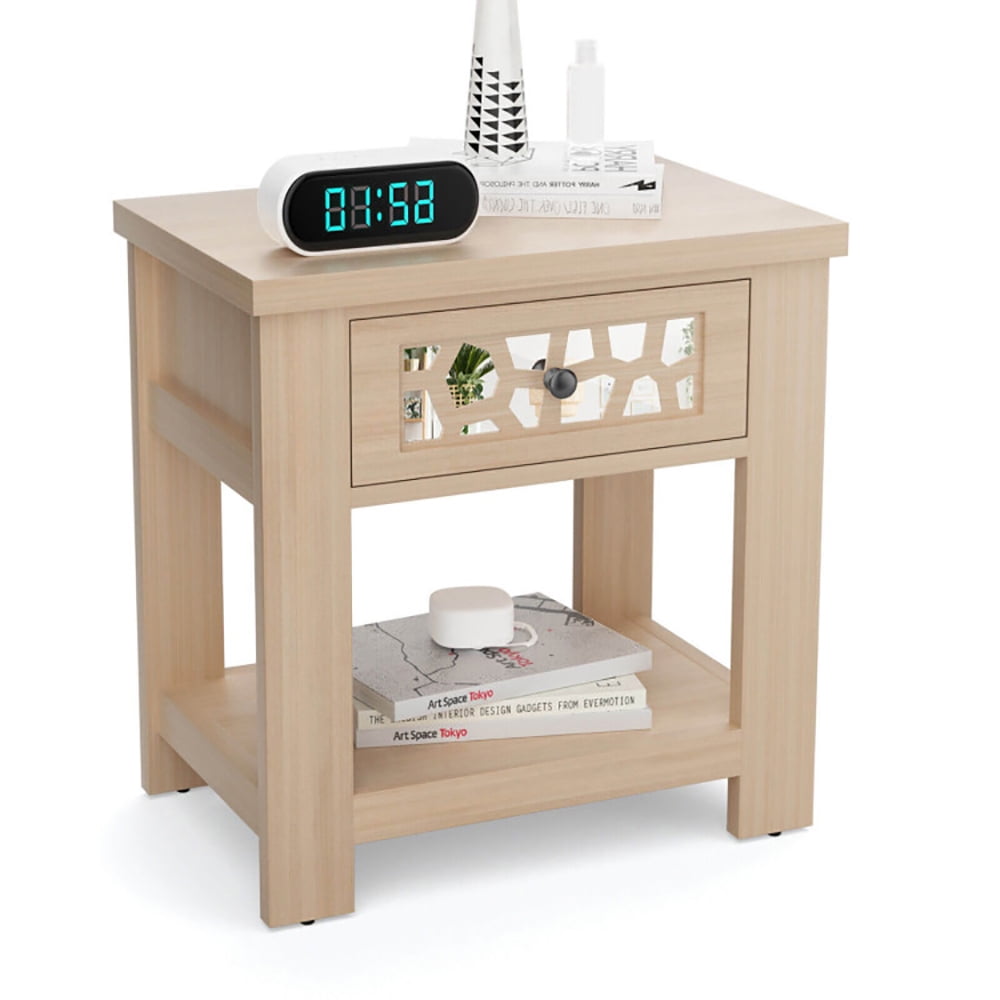 Finihen End Table, Wood Retro End Table with Mirrored Glass Drawer and Open Storage Shelf, Sofa Side Table, Bed Side Table, for Living Room, Bedroom, Natural Finihen End Table, Wood Retro End Table with Mirrored Glass Drawer and Open Storage Shelf, Sofa Side Table, Bed Side Table, for Living Room, Bedroom, Natural