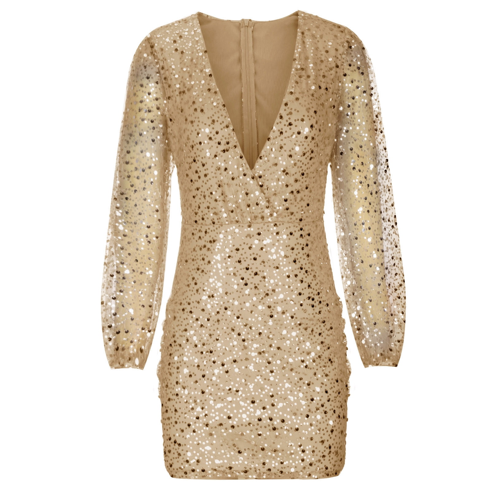 Scyoekwg Sequin Dress for Women V-Neck Wrap Dress Long Sleeve Dress Solid  Color Party Dress Slim Cocktail Dresses Holiday Dress Gold M - Walmart.com
