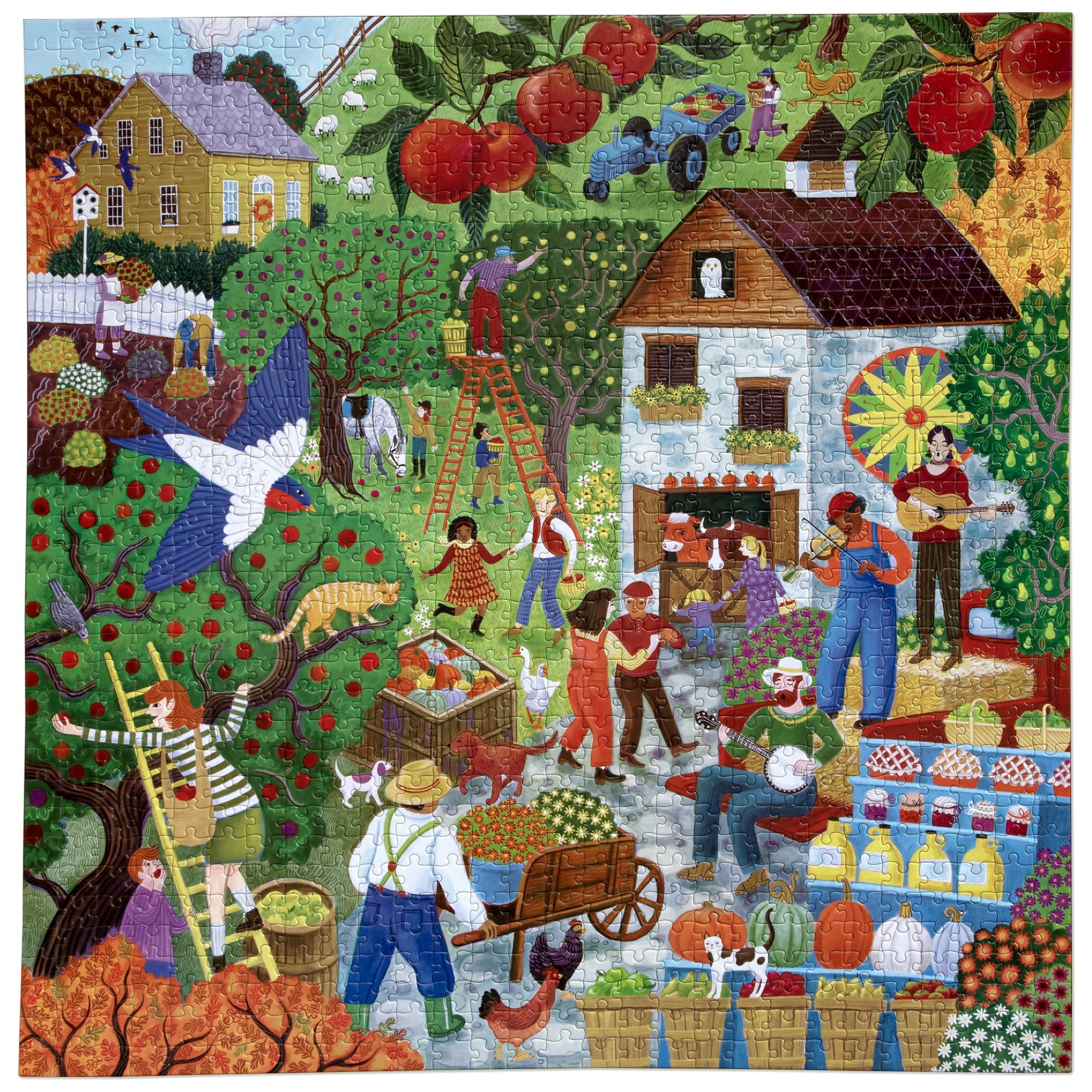 eeBoo Piece & Love: Fall Apple Picking - 1000 Piece Puzzle - 23" Square Adult Jigsaw, Cynthia Cliff's Autumn Harvest Scene, Eco-Friendly, Image Insert