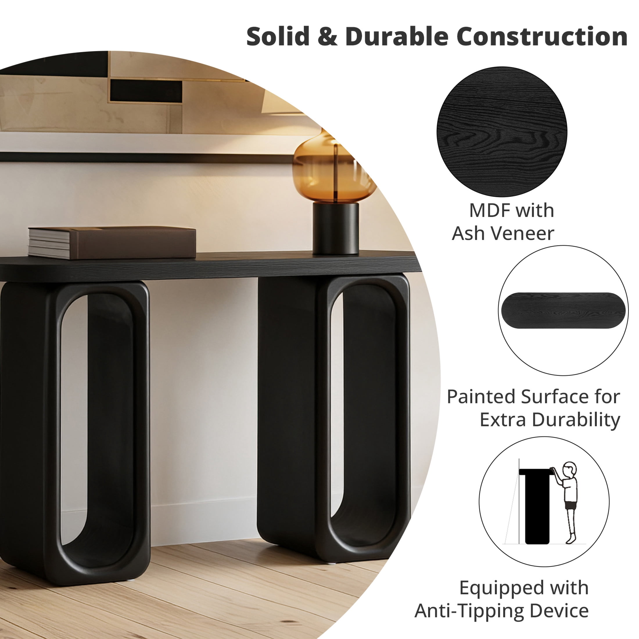 Christopher Knight Home 50" Modern Console Table with Oval Cutout Legs, Thick Rounded Tabletop, Black