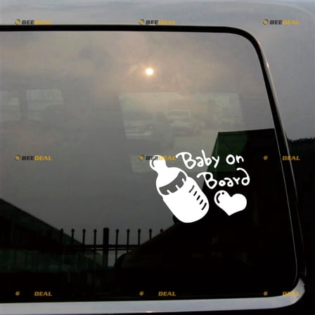 Baby On Board in Car Feeding Bottle Heart Sticker Decal Vinyl - 2 Pack White 6" - For Car Truck Van Bumper No Background Die-cut