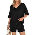 thumbnail image 7 of Women's 2 Piece Summer Outfit Set, Casual Oversized V Neck T-Shirt & High Waisted Biker Shorts, Lounge Wear Shorts Set, Workout Yoga Clothes Black L, 7 of 7
