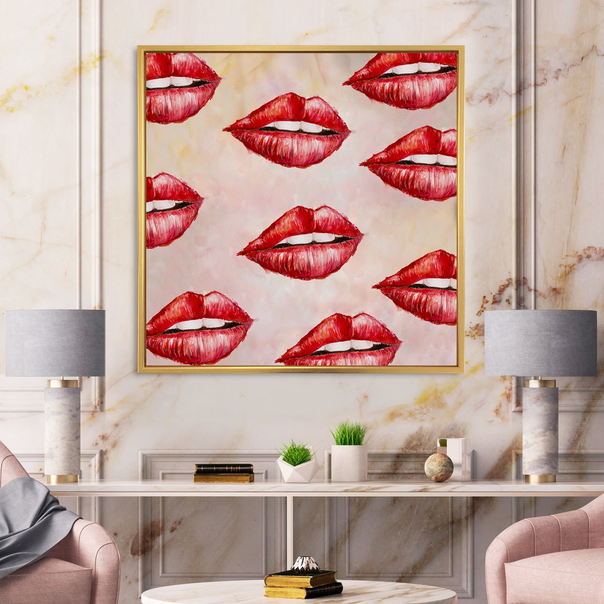 Red Girl Lips Pattern 16 in x 16 in Framed Painting Canvas Art Print, by Designart
