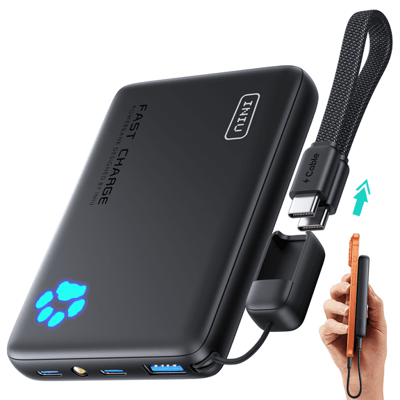 INIU 10,000mAh Portable Power Bank, 45W Slim Pro Battery Pack, Fast Charging with Attached USB C Cable, LED Indicator Lights, Compatible With iPhone 17/16 Samsung S25 Google etc, Black