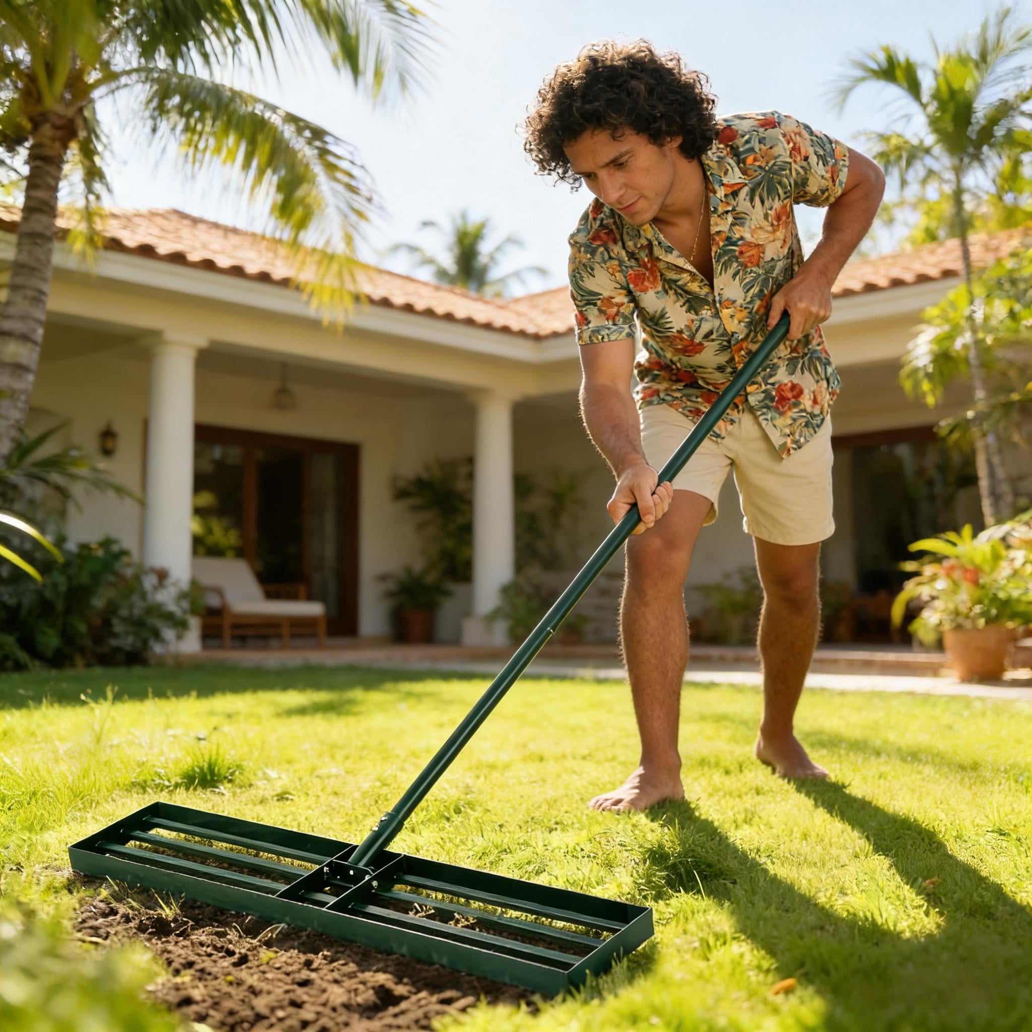 Heavy Duty Yard Leveling Rake 36 Inch Wide Head Powder Coated Rustproof Metal 3 Section Detachable 66.5 Inch Long Handle Lawn Soil Sand Leveling Tool