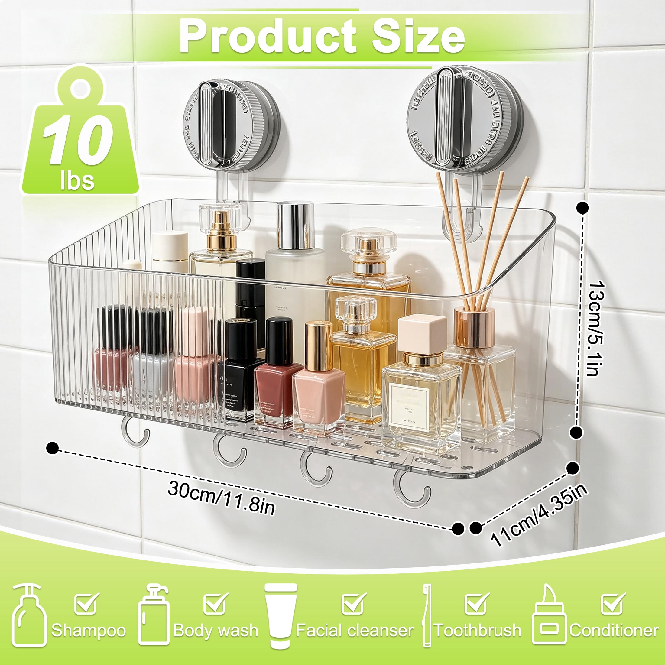 Suction Cup Shower Caddy, Clear Transparent Shower Shelf with Drainage Hole & Removable Hooks, No Drill Wall‑Mounted Bathroom Organizer for Bathroom, Kitchen, Toilet