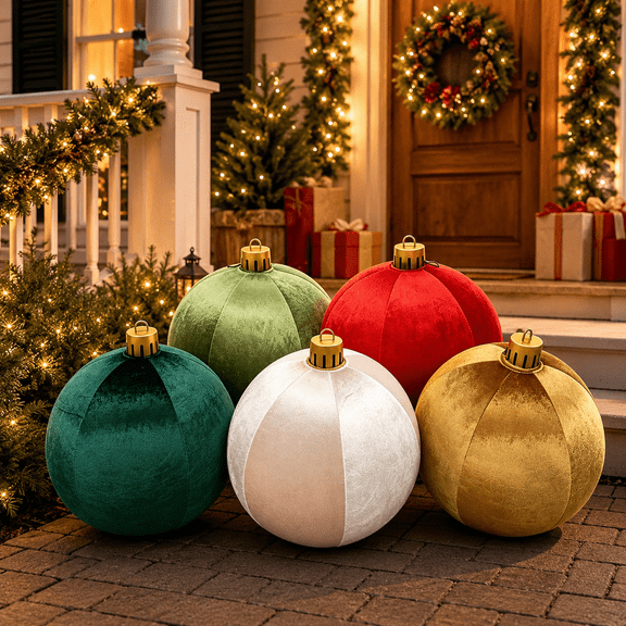 Clearance Large Velvet Christmas Ornament Ball, 24 Inch Inflatable PVC Xmas Decoration Ball with Gold Cap, Oversized Holiday Decor for Christmas Indoor Outdoor Party Display