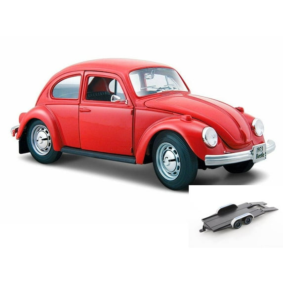 Diecast Car w/Trailer - Volkswagen Beetle Hard Top, Red - Maisto 31926R - 1/24 Scale Diecast Model Toy Car