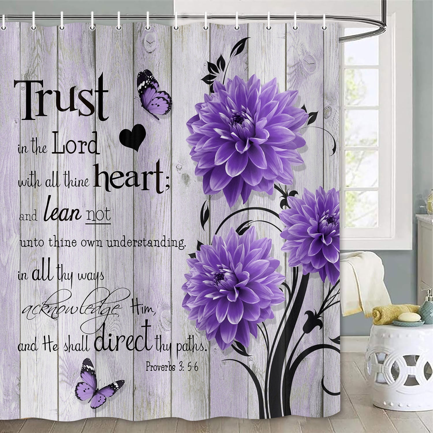 Farmhouse Flower Butterfly Bathroom Curtain, Rustic Purple Floral Dahlia Wooden Shower Curtain, Inspirational Quote Bath Curtain, Washable Fabric Shower Curtain Set with Hooks 47X64in