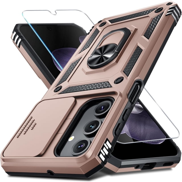 KOMI Compatible with Samsung Galaxy A16 5G Case Built in Slide Camera Lens Cover+Screen Protector+Finger Ring Holder Kickstand,Heavy Duty Shockproof Full Body Phone Cover,2025 Rose Gold