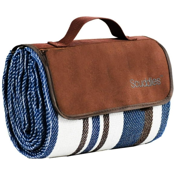 Scuddles Large Picnic and Outdoor Blanket Dual Layers For Outdoor Water-Resistant Handy Mat Tote Spring Summer Blue and White Striped Great for the Beach, Camping on Grass Waterproof Sandproof