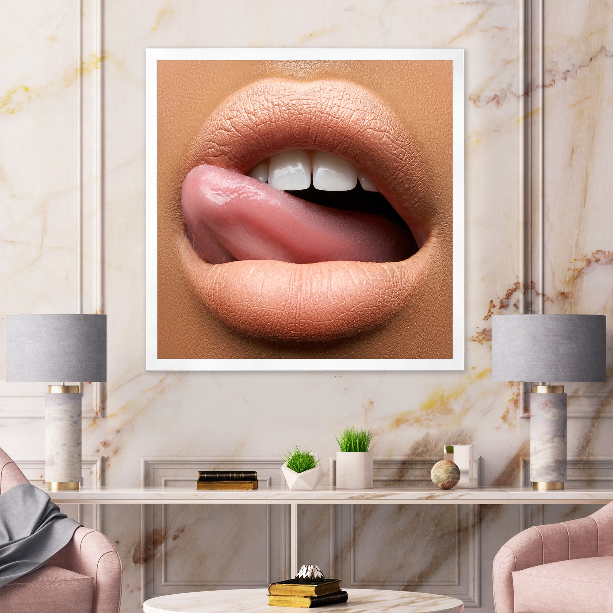 Designart 'Beautiful Dark Skinned Female Tongue Touching Lips' Modern Framed Art Print