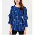 thumbnail image 2 of Alfani Womens Ruffled Sleeve Pullover Blouse, Blue, Petite, PM, 2 of 4