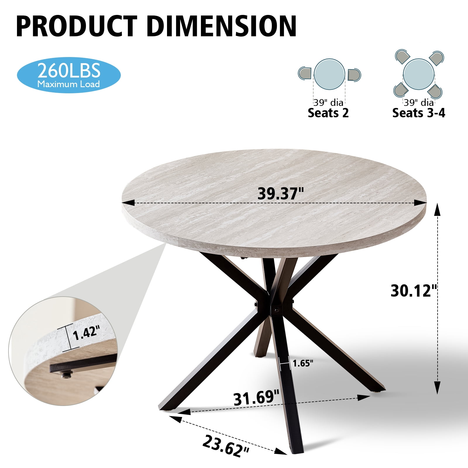 39 Inch Round Dining Table for 4, Mid-Century Kitchen Leisure Table for Apartment Living Room Space Saving, Metal Cross Legs, Gray Stone Pattern