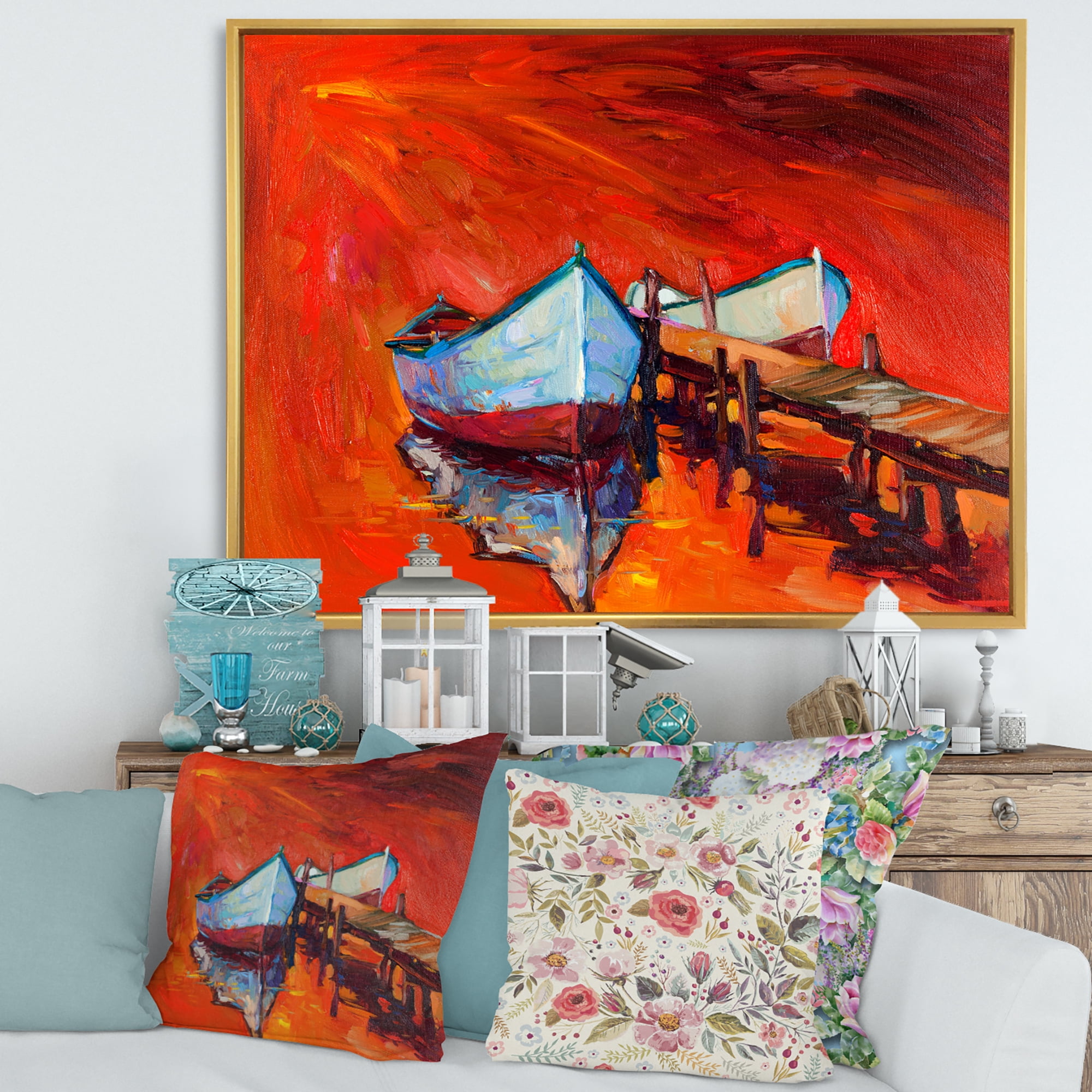 Boats Near Coastal Town Resting On The Water IV 32 in x 16 in Framed Painting Canvas Art Print, by Designart