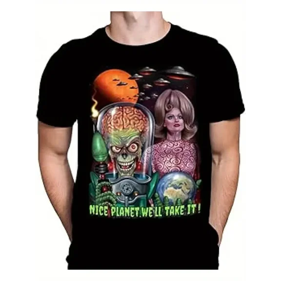 100% cotton tshirts men tee Men's Mars Attacks! Gothic Horror Movie Graphic T-Shirt, Black Cotton Crew Neck Tee with Alien & Sci-Fi Design