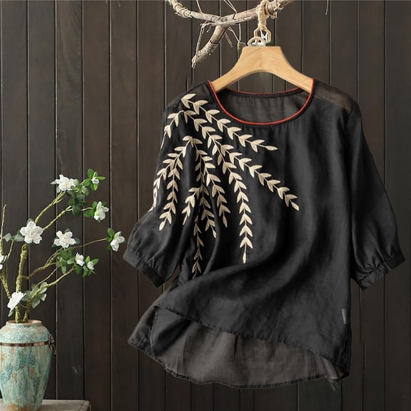 Womens Short Sleeve Tops 3/4 Sleeve Linen Shirts for Women 2026 Cotton Summer Retro Embroidered Boho Tops Casual Trendy Vacation Blouse Tops for Women