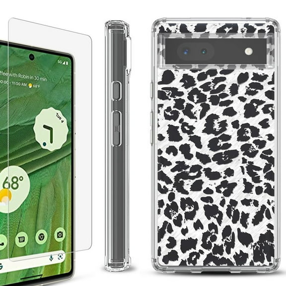 Shockproof Bumper Phone Case for Google Pixel 6a, with Tempered Glass Screen Protector, by OneToughShield ® - Cheetah B/W