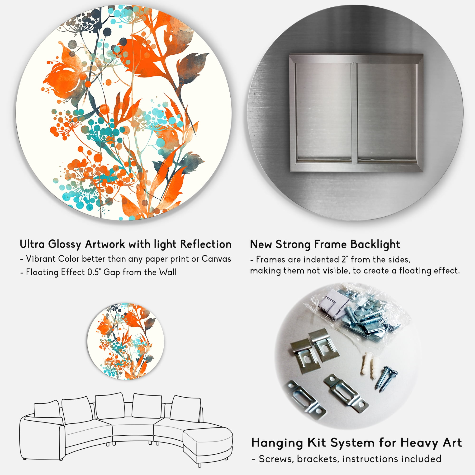 Designart 'Orange and Green Wildflowers III' Modern Circle Metal Wall Art 36x36 - Disc of 36