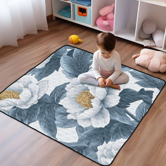 WOBOGO White Peony Baby Playmats Extra Large Waterproof Rollable Activity Pads for Toddlers 50×50inch