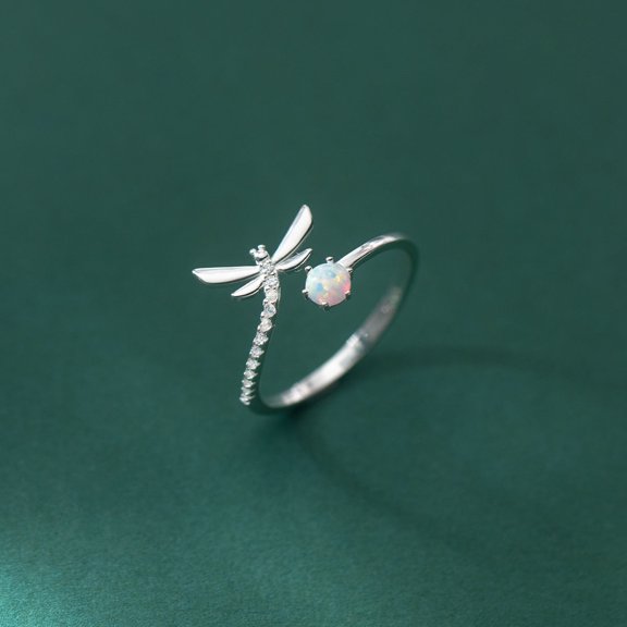Adjustable 925 Sterling Silver Dragonfly Ring for Women, Cute and Simple Opal Inlay Design, Seiko Treatment, Size 18-24