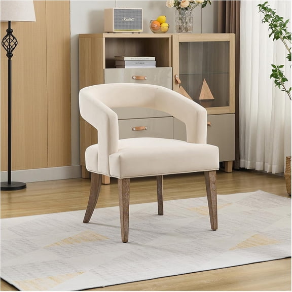25.79" Wide Modern Barrel Open Back Upholstered Accent Chair with Weathered Solid Wood Legs Dining Chairs for Dining Room, Club, Kitchen and Living Room. Beige Velvet