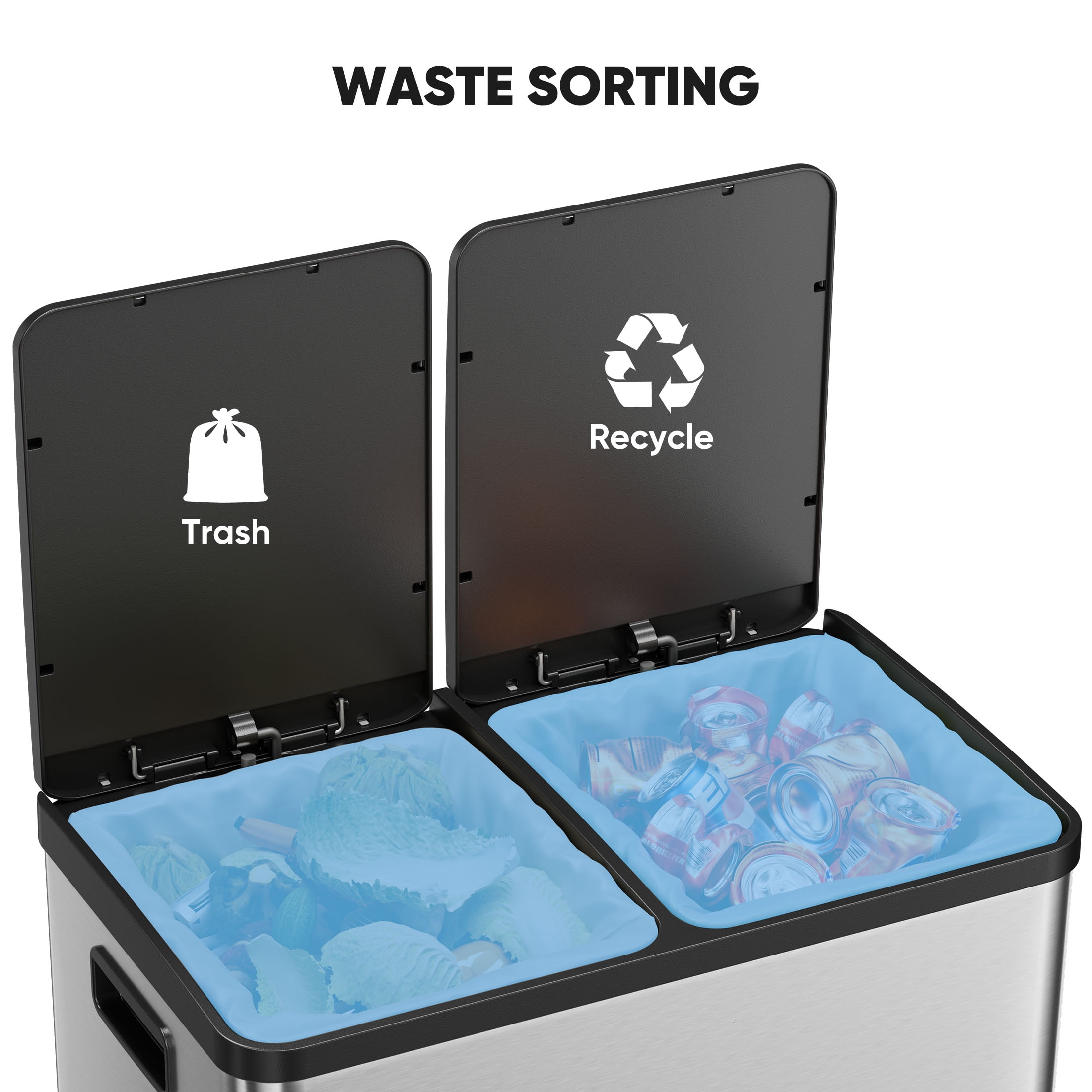 JIOABL Trash Can, 2 x 8.3 Gallon Double Deck Trash Recycling Bin, Kitchen Bin, Silver