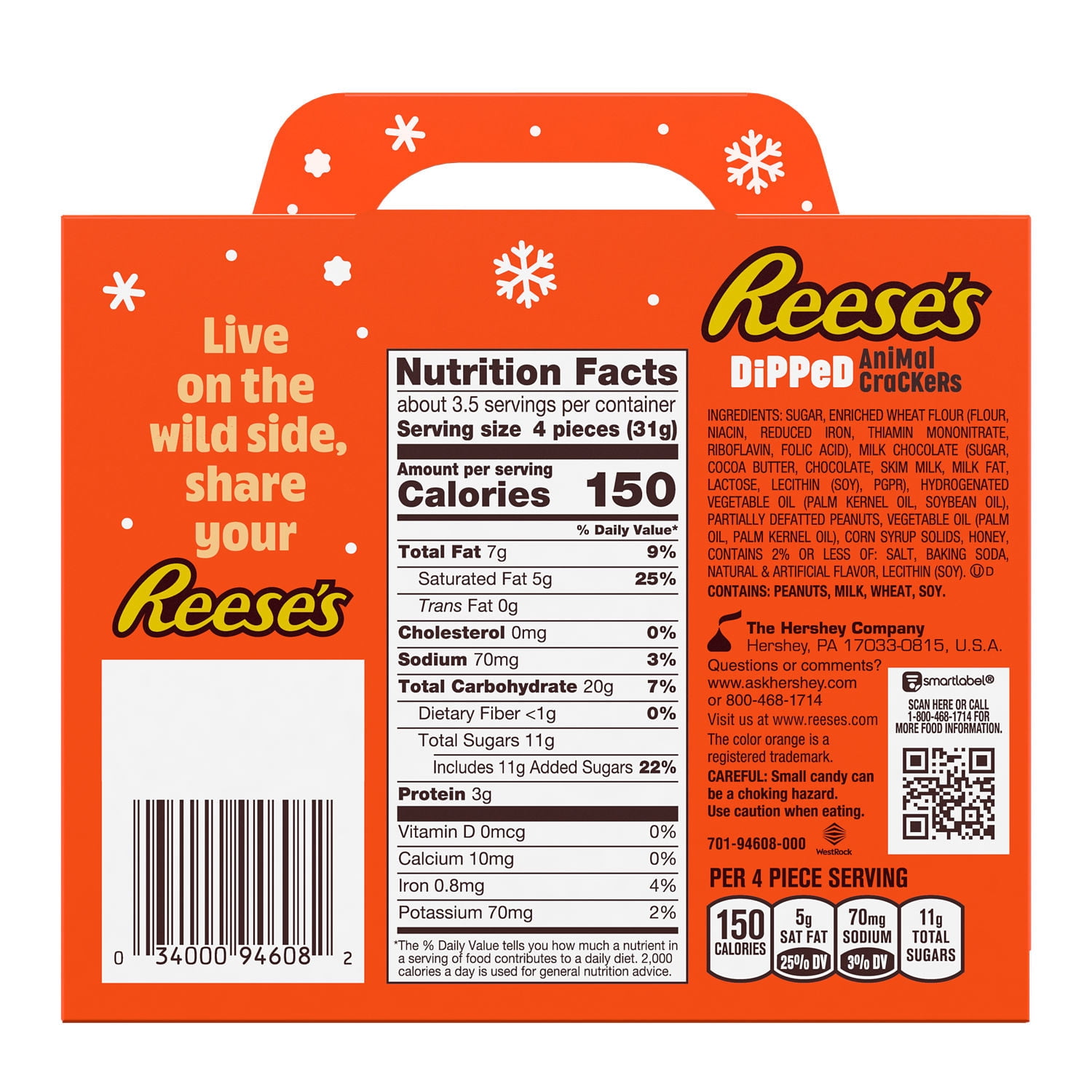 (2 pack) Reese's Milk Chocolate Peanut Butter Candy Christmas Dipped Animal Crackers, Box 3.75 oz