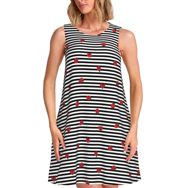 Fotbe Ladybugs on Black and White Striped Vestido de Verano sin Mangas para Mujer – Vestido Midi Línea A, Estilo Camiseta Floral, Vestido Playero Casual y Fluido