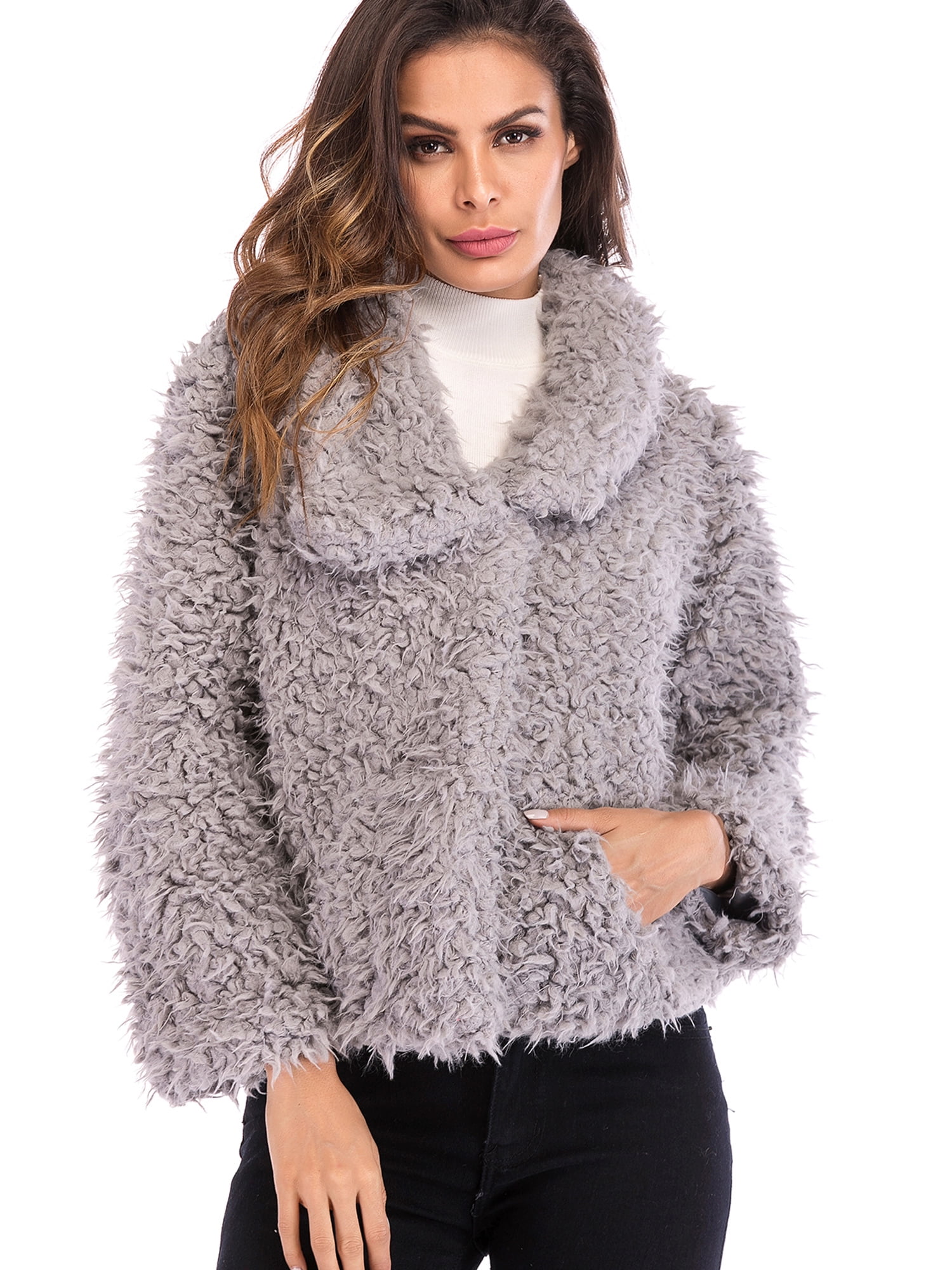 SAYFUT Women's Faux Fur Jacket Shaggy Jacket Winter Fleece Coat Outwear ...