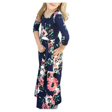 

DNDKILG Baby Toddler Girls Spring Sundress Floral Long Sleeve Dresses Dress Navy 2Y-8Y 140