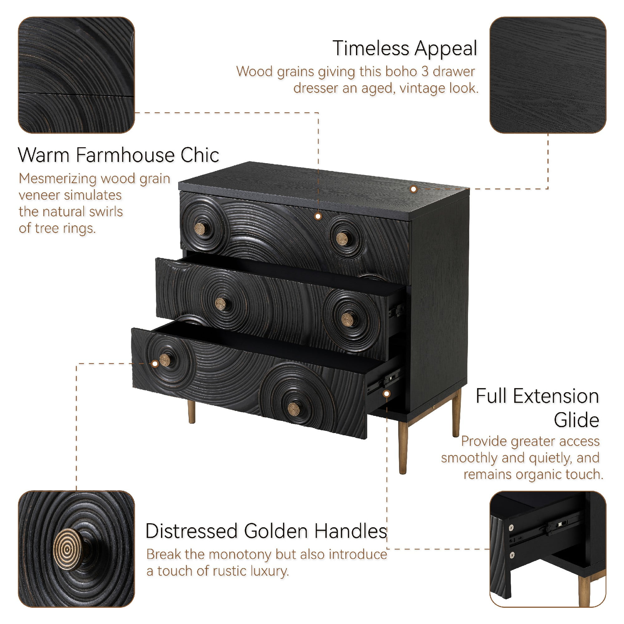 COZAYH Embossed 3 Drawer Farmhouse Dresser with Ring Motif, Distressed Boho Nightstand for Bedroom, Entryway, French Country, Black & Gold