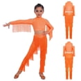 thumbnail image 2 of Aislor Girls Latin Jazz Modern Salsa Ballroom Dance Outfits Tassel Crop Tops with Fringe Pants Set Dancewear Fluorescent Orange 8, 2 of 7