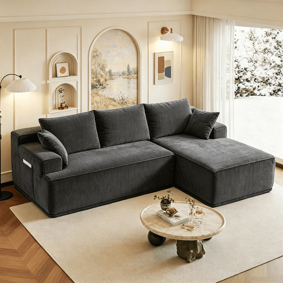 96‑Inch Standard 3‑Seat Modular L‑Shaped Sectional Sofa for Living Room, Modern Frame‑Less Cloud Couch, Corduroy Upholstered Deep‑Seat Plush Sofa, No‑Assembly Required, Gray, Right Chaise.