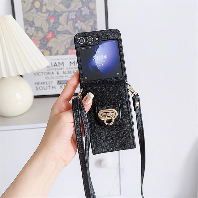 For Samsung Galaxy Z Flip 6 Wallet Case, Lychee Pattern PU Leather Shockproof Case with Crossbody Lanyard & Card Holder