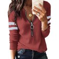 thumbnail image 1 of Camisetas de manga larga para mujer con cuello en V y cremallera, blusa tipo túnica de punto tipo gofre, 1 of 2