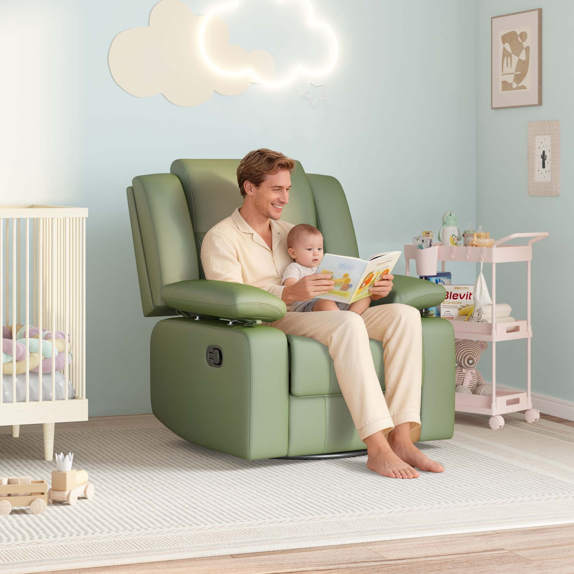 LAZZO Recliner Chair with Adjustable Armrest and Headrest, Upholstered Swivel Rocking Chair for Nursery & Living Room, Green